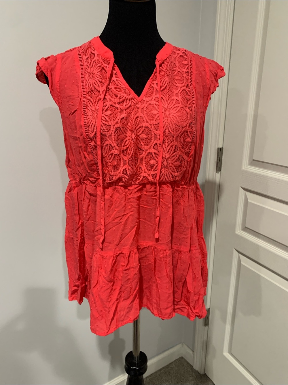 torrid Coral Lace-Front Tie Peasant Tunic